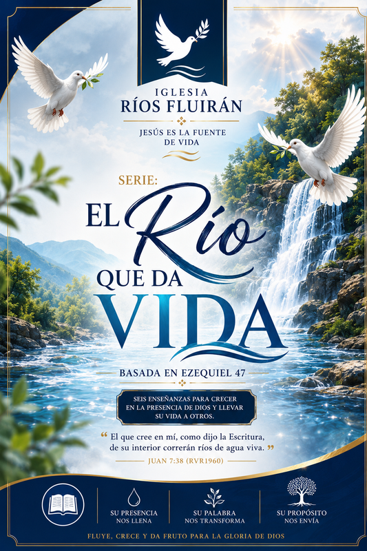 Diseño del libro 'El Rio Que Da Vida', con temática de crecimiento espiritual y el río de Ezequiel 47.